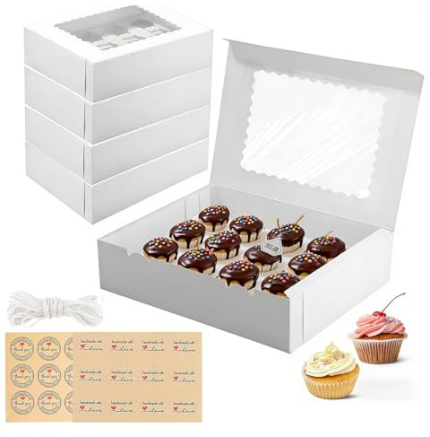 Cupcakebox, 10 stycken transportlådor för cupcakes, 12 hål cupcake-muffinslåda med fönster och inlägg, återanvändbar vit muffinslåda med genomskinligt fönster, för cupcakes, kex, muffins
