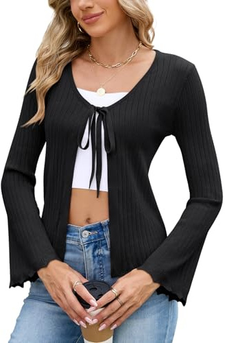 Akiooue Women's Black Cardigans,Ladies Summer Fashion Cozy Evening Long Sleeve Tie Open Front Cable Knit Cardigans Size 14 Women's V Neck Jumpers