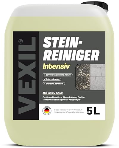 VEXIL Steinreiniger INTENSIV – 5L – mit AKTIV-CHLOR für SCHNELLE ERGEBNISSE – vernichtet Moos, Algen, Flechten, Pilzbefall, Grünbelag & Grauschleier – für Terrasse, Pflaster, Beton & Naturstein