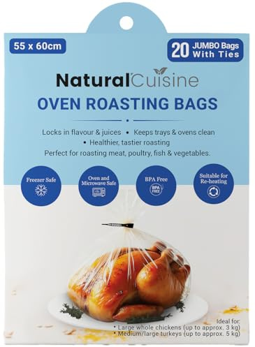 Natural Cuisine Jumbo Oven Roasting Bags 55 x 60cm – Pack of 20 Large Bags with Ties – BPA Free, Oven & Microwave Safe – Ideal for Turkey & Large Roasts