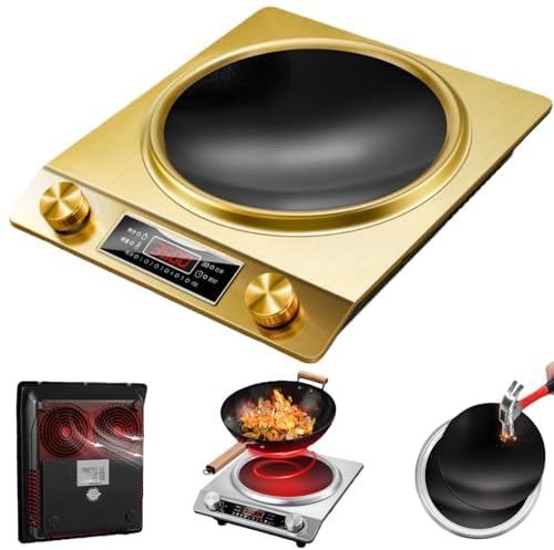 3500W Induction Hob, Concave Design Induction Cooktop, 10-Temperature Levels, Portable Commercial Grade Hob, Wok-Friendly for Stir-Frying & Boiling Gold