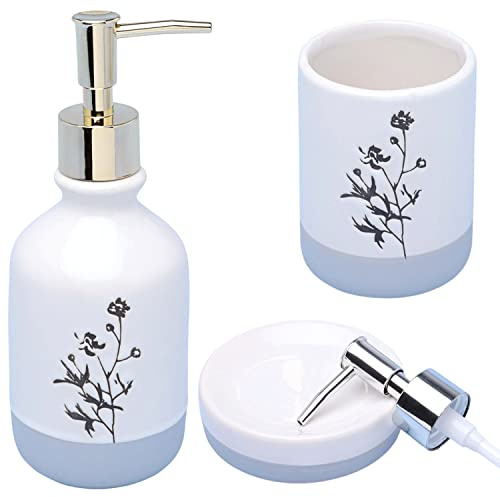 G Decor 3-Piece Ceramic Bathroom Accessory Set, White & Black Floral with Gold Detail, Soap Dispenser with Chrome Pump, Toothbrush Holder & Tumbler, Vanity Countertop Gift Set