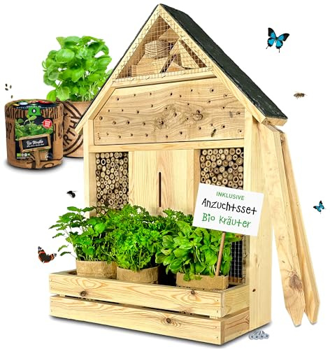 GARTENETAGE Stehendes Insektenhotel XXL mit Schieferdach und Pflanzenoase Kräuterparadies - inkl. Anzuchtset/Naturbelassenes, massives Insektenhaus & Bienenhotel/Insektenhotel zum Aufstellen