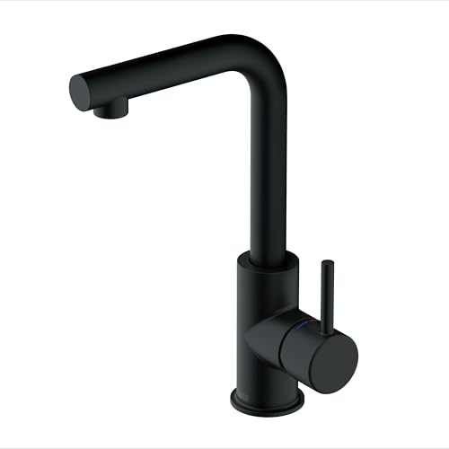 Lenz Badarmatur HOKU in Schwarz-matt – Hoher Auslauf, 360° schwenkbar | Waschtischarmatur mit Easy Clean Pop-Up Ventil, Anti-Fingerabdruck Oberfläche, Markenmischdüse, Keramik-Kartusche, 46011851