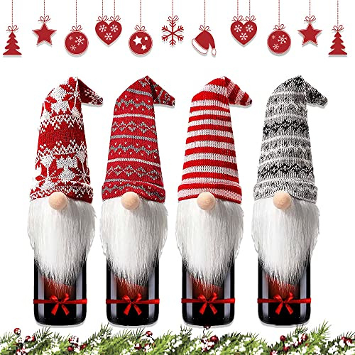 Guidre 4 Stücke Weihnachten Gnomes Weinflaschen, Weihnachten Flaschen Deko, Tasche Flaschenüberzug für Whisky Spirituosen Rotwein Champagner Weihnachtsfeier Dekorationen Dinner Party