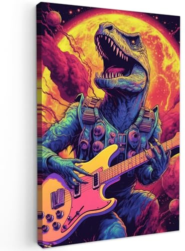 MuchoWow© Leinwandbild Dekoration Wohnzimmer Bilder Aufhängen Wall | 60x90 cm - Decoration Living Room Wohnungs Deko Moderne Retro - Dinosaurier - Gitarre - Sonne - Planeten - Tiere - Schwarz