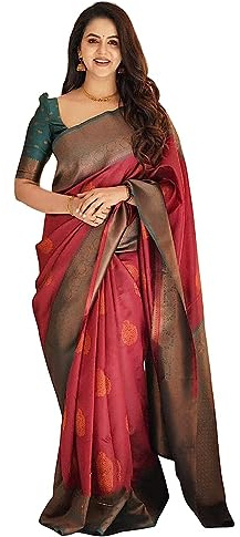 C J Enterprise Sari Banarasi de seda Kanjivaram pura y suave para mujer con blusa Sathiyaa, Granate, talla �nica