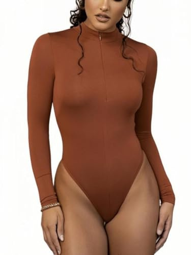 Rongseng Body Donna Maniche Lunghe Girocollo/Collo a V Bodysuit con zip frontale Sexy Body da Donna Manica Lunga Elegante Aderente Tops Morbida Basic T-Shirt Casuale Elasticizzato Tuta Jumpsuits