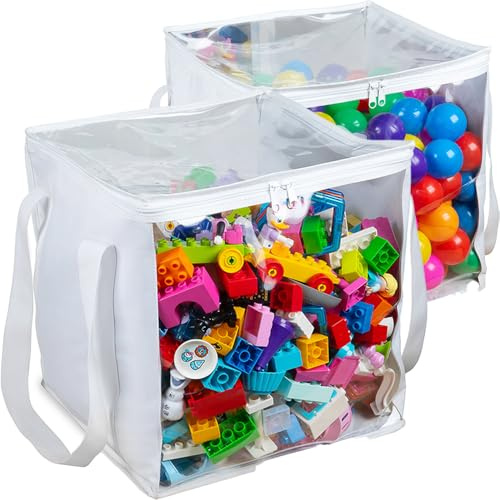 2 Pack Extra Large Toy Storage Clear Bags with Zipper 14x14x14 Clear Plastic Bins with Handle, Toy Organizer for Kids playroom, Blocks, Clothes, Stuffed Animal Storage