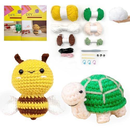 SNAIL GARDEN Turtle & Bee Crochet Kit, Crochet Material Kit,Animal Crochet Kits for Beginners Adults Kids,2 PCS DIY Crochet Yarn Kits Crochet Starter Kit with Step-by-Step Video Tutorials
