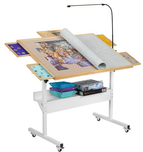 Tektalk Mesa de Rompecabezas con luz LED, Tablero de Rompecabezas con Ajuste de ángulo y Altura, Meseta de Madera con Cubierta, Cerrada con 4 Ruedas de Rodillo, para hasta 1500 Piezas
