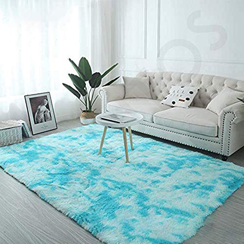 Alfombra moderna de lana de pelo largo de 150 x 200 cm, lujosa alfombra azul para dormitorio, sala de estar, dormitorio de niños, pasillo