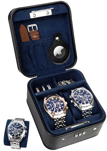 KAMIER Watch Travel Case with Combination Lock - 2 Watch Storage and Jewelry Organizer - Watch Case for Ring and Watch Storage, PU Leather Travel Watch Case, Valentine's Day Gift Box