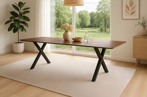 SAM Esstisch Roberto | 220 x 100 cm | Akazienholz massiv & kastanienfarbig | Schweizer Kante & abgerundete Ecken | X-Gestell Metall Schwarz | pflegeleichter Esszimmertisch