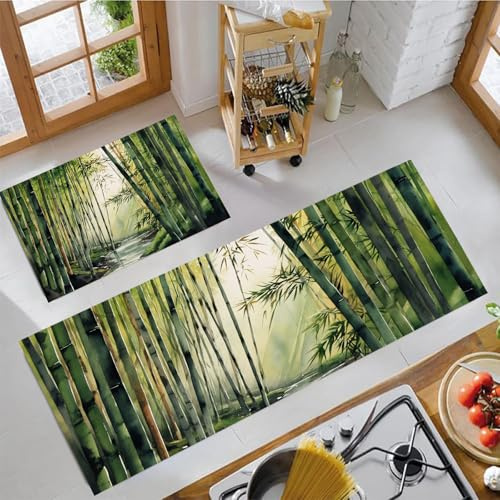 Foresta Di Bambù Acquerello Tappeti Da Cucina Set Di 2 Tappeti Stuoie Per Paesaggio Naturale Set Di Tappetini Per Corridoio Lavabili Antiscivolo Tappetini Per Ingresso, Verde Smeraldo, 44X75+44X120Cm