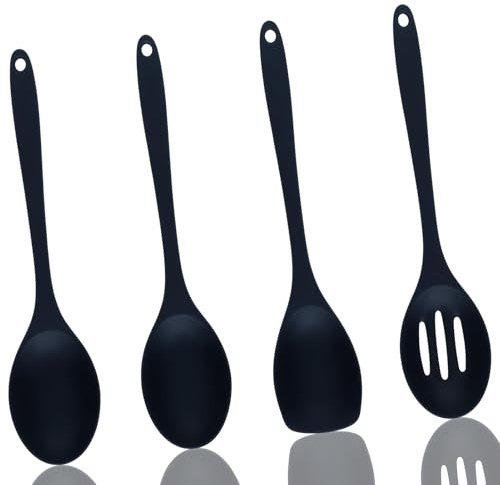 Set di 4 cucchiai da portata in silicone, cucchiaio silicone cucina, mestoli cucina, nero, riutilizzabile, per mescolare, amalgamare, farina, zuppa, tè, zucchero
