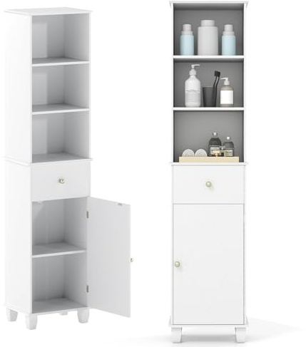 LIFEZEAL Mobile Bagno Salvaspazio, Alto, Stretto, Colonna Bagno, con 1 Cassetto, 3 Ripiani Aperti, 1 Anta, Gambe in Legno Massello, Armadio, Credenza Cucina, Dispensa, Portaoggetti (bianco)