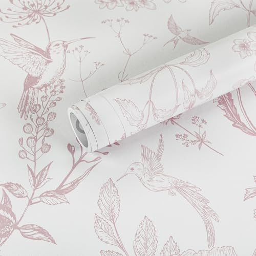 Klebefolie möbel Rosa Matt Möbelfolie Selbstklebend Blume und Vogel | 44x300cm Selbstklebende Tapete Wasserdichte Folie für Wand Tischplatten Schutzfolie DIY Dekorfolie