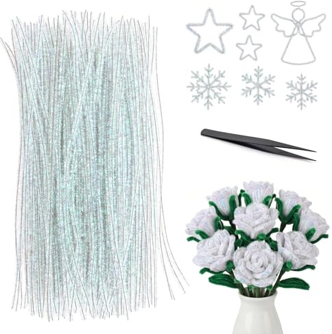 Limpiador de pipas con purpurina, limpiador de pipas blanco, alambre de chenilla, 200 unidades, juego de manualidades, decoración blanca con pinzas para la escuela Navidad
