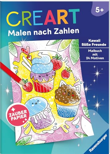 Ravensburger CreArt Malen nach Zahlen ab 5: Kawaii Süße Freunde, Malbuch, 24 Motive, Zauberpapier