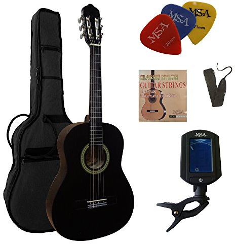 3/4 GITARRE - KONZERTGITARRE IM SET - CLASSIC - SCHWARZ - DECKE LINDENHOLZ - TASCHE - BAND - SAITEN - 3xPIK - STIMMGERÄT ET33B - C5