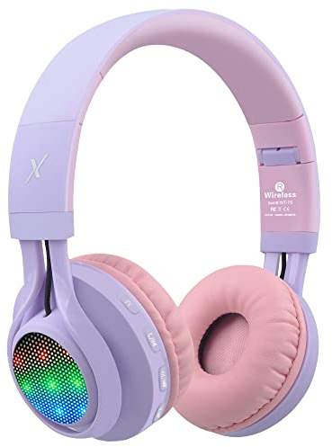 Riwbox WT-7S Kids Bluetooth Headphones Light Up, Foldable Stero Wireless Headset,with Microphone and Volume Control,Comfortable and Durable,for PC/Tablet/TV/Travel(Purple)