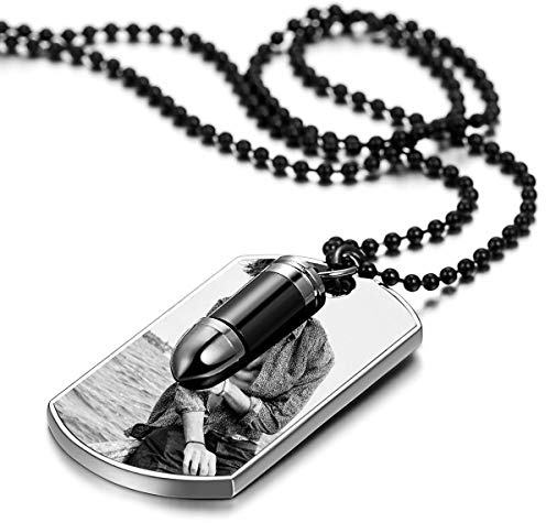 JewelryWe Schmuck Herren Halskette mit Gravur, Dog Tag Patronenhülse Militärischen Erkennungsmarken Anhänger mit Kette Schwarz Silber