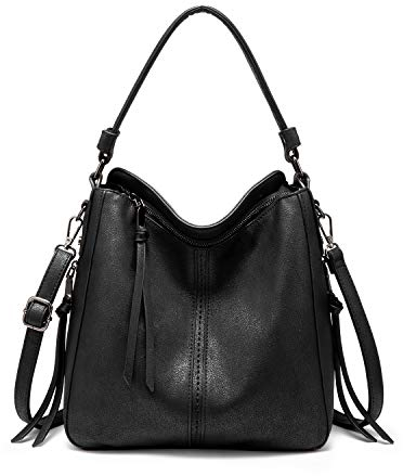 Realer Handtasche Damen Mittelgroß, Shopper Tasche Groß, PU Leder Schultertasche Umhängetasche, Vintage Hobo Bag für Büro Arbeit Einkauf, Schwarz