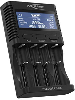 ANSMANN Powerline 4 Ultra AA, AAA, C, D 1.2V Battery Charger For NiMH, NiCd & Li-Ion Round Cell Rechargeable Batteries with USB Port | With UK & EU Plugs | Fast Charger to Charge & Discharge Batteries