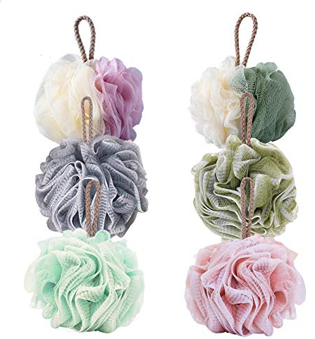 Bath Shower Sponge Loofahs, Body Scrubber Mesh Pouf Ball, Exfoliate, Cleanse, Soothe Skin, 6 Pack