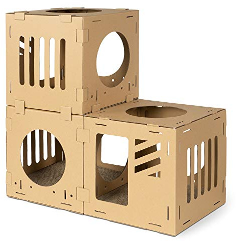 Navaris Katzentunnel aus Karton mit Kratzboards - 3tlg. Katzenhaus aus Pappe zum Zusammenstecken - Papphaus für Katzen - Katzenhöhle Haus Kartonhaus