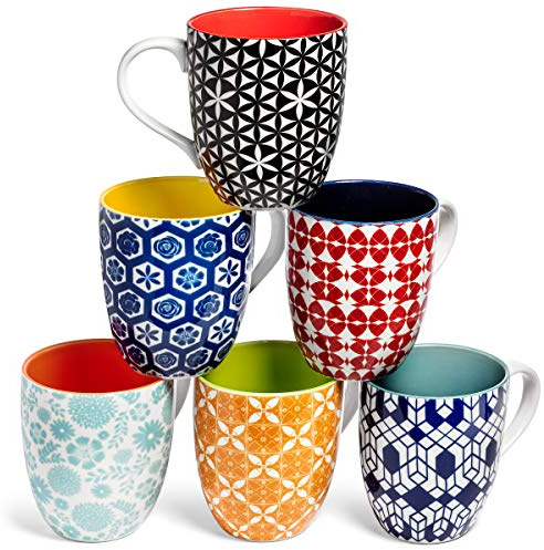 Annovero Large Coffee Mug Set of 6 - Porcelain Cups for Women or Men - Microwave & Dishwasher Safe, Chip Resistant, Zero Lead & Cadmium, for Tea, Cocoa, or Hot Chocolate, 16 Fluid Ounce Capacity