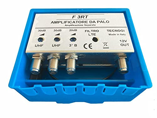 Vsnetwork Amplificatore Antenna TV da Palo con Filtro Lte/5G, Guadagno Massimo 30Db Regolabile, Amplificatore Antenna TV 2 Ingressi Uhf+1 Vhf, Bande separate