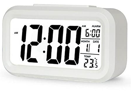 DTL Digital Alarm Clock LED Display with Temperature Big LCD Digit Display Larger LCD Backlit Display Snooze Smart Brightness Sensor for Bedroom Home Office and Travel (White)