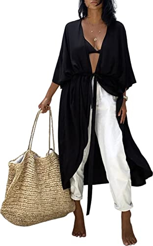 Bsubseach mujeres sólido negro largo playa traje de baño cubierta Ups para traje de baño Sexy Bikini playa Kimono cárdigan