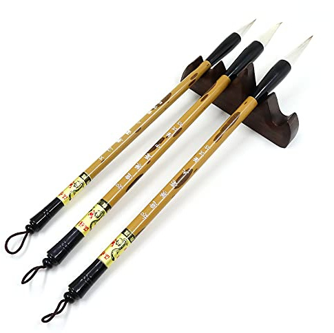 Huakaile 3 Sizes Chinese Writing Brush with Wood Rack Pen Rest, Calligraphy Brush Set, Sumi Painting Drawing Brushes, Kanji Art brushes for Professional Beginners (Large, Medium, Small Size)