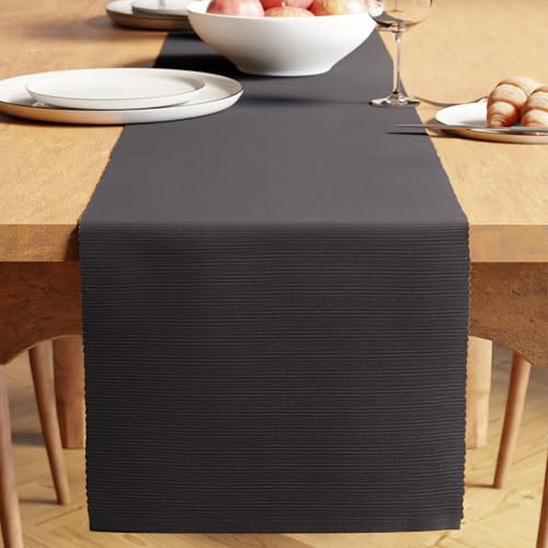 Encasa XO Tischläufer, Feinripp Baumwolle, Modern 13x79 | Fest grau, Maschinenwaschbar | Garngefärbt, Formstabil | Langlebig & Pflegeleicht | Tischdeko Esstisch & Küche