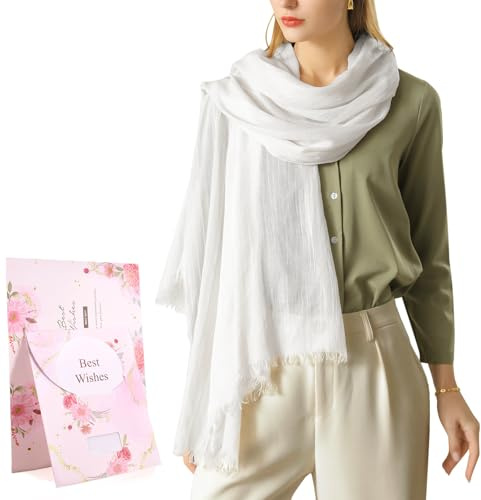 Tuopuda Sciarpa Donna Elegante Scialli da Sposa Prom Foulard Leggero Lungo Stola Tinta Unita Morbida Scarf Gonna da Spiaggia Regalo Scialle Coprispalle Regalo per Cerimonia Festa 195 x 95CM, bianca