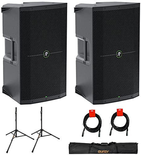 Mackie Thump215XT 1400W 15 Powered PA Loudspeaker System with DSP and Bluetooth (Pair) Bundle with Auray SS-47S-PB Steel Speaker Stands, Carrying Case, and 2X XLR-XLR Cable
