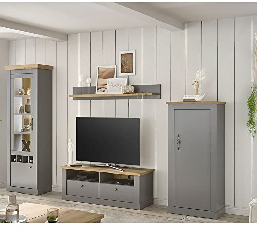 Lomadox Wohnmöbel Set im Landhaus Stil mit LED Beleuchtung in grau mit Artisan Eiche Nb., B/H/T ca. 319/201/44 cm