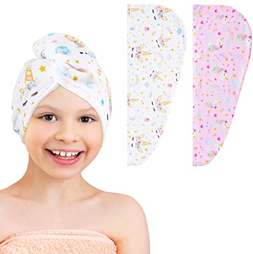 WAWSAM 2 Pack Kids Hair Towel Wrap for Girls, Microfibre Hair Turban Towel Fast Drying, Unicorn Hair Towel Wrap with Elastic Strap for Long Hair