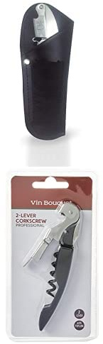 Set Vin Bouquet FID 085 - Funda Piel Sacacorchos, Funda Piel Descorchador, Funda Piel Abrebotellas + VB VIN BOUQUET Descorchador de Dos Tiempos, Acero, Negro, 16 x 8 x 2.3 cm