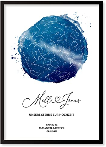 Personalisierte Sternenkarte - Sternenhimmel Poster - Die Sternenkarte vom Wunschdatum mit Wunschtext - Personalisiertes Geschenk - Valentinstag, Hochzeit, Verlobung (Rahmen optional)