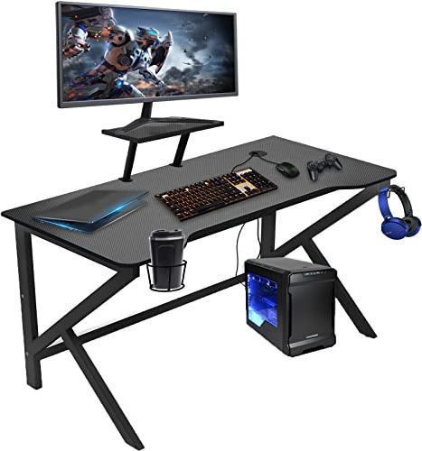 HaodaCulture Bureau Gaming 100x55cm, Table Gaming Noir en Forme de K, Bureau Gamer en Fibre de Carbone, Ergonomique avec Support de Moniteur, Gamer Desk