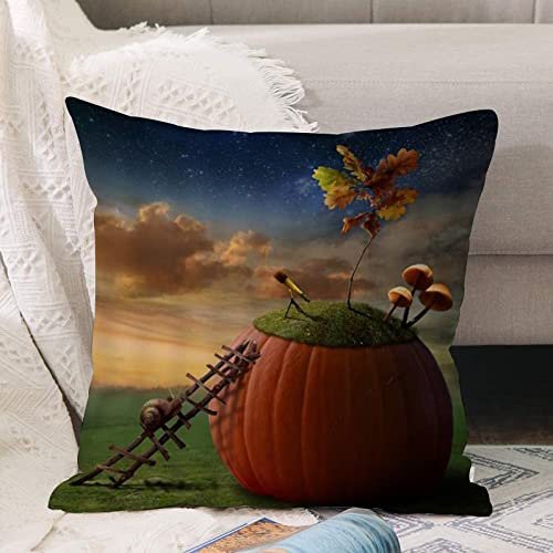 Kissenbezug 45x45 cm,Kürbisbaum, Pilzschnecke, Teleskop, Holzleiter, grüne Wiese,,Outdoor Kissen Kissenbezüge Kissenhülle Sofa Kissen dekokissen Zierkissen für Wohnzimmer Garten deko draußen