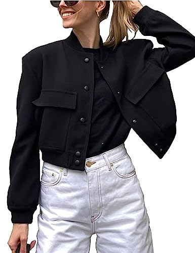 Megfie Womens Cropped Bomber Jacket Button Down Varsity Jackets Shackets With Pockets(0394-Black-L)