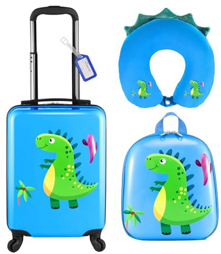 Sanwuta 4 Pcs Kids Luggage Set Carry On Rolling Suitcase Backpack Neck Pillow Travel Set Gift for Girls Boys Summer Camp(17 Inch,Dinosaur Style,Blue)