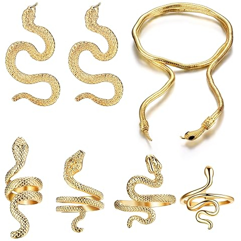 JeryWe Schlange Schmuck Set Damen Ohrhänger Schlange Ohrringe für Teenager Mädchen Halskette Anhänger Halskette Silber Gold (Gold)