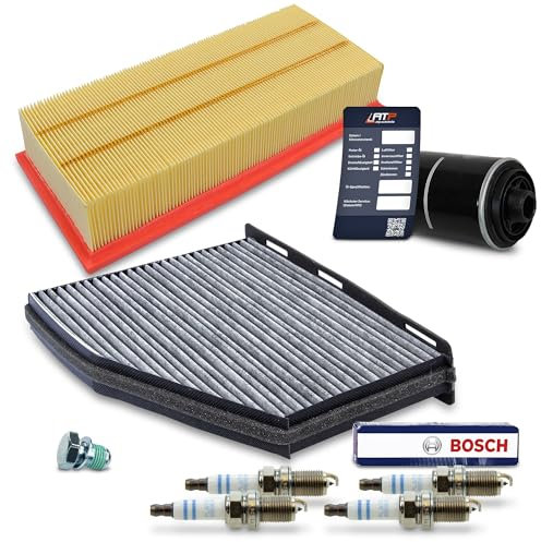 BESTPRICE Inspektionspaket Filterset mit 1x Luftfilter, 1x Innenraumfilter (Pollenfilter) mit Aktivkohle, 4x Zündkerze, 1x Ölablassschraube mit Dichtung