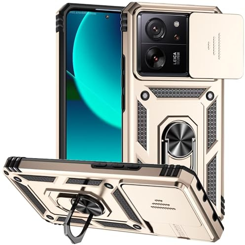 Jeelar ESONG Funda para Xiaomi 13T/13T Pro Armor Carcasa Protectora de Militar con Cubierta de Cámara Deslizante&Giratorio Anilla Soporte,Oro